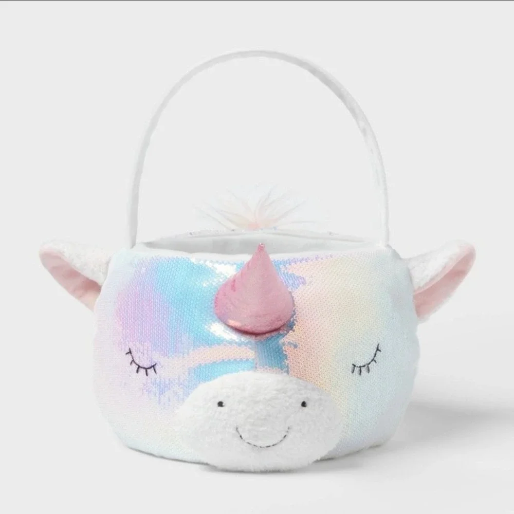 Spritz Iridescent Sequin Unicorn Easter Basket‎ White Pink Glitter Horn NWT